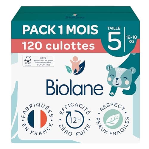 BIOLANE - Pañales para bragas - Talla 5 (12-18 kg) - Sin fugas durante 12 h - Pack 1 mes - 120 pañales - Eco-responsable - Fabricado en Francia