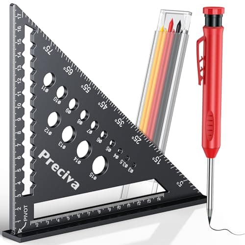 Preciva Escuadra Carpintero 5 en 1, 180MM Escuadras Metalicas de Aluminio, Speed Square Métrica 0-90°, 14 Orificios de Perforación, Escuadra Triangular Profesional con Lápiz y Minas