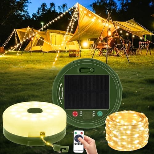 Sprifityy 10M Cadena de Luces para Camping, Solar y Recargable USB Luz de Campamento Enrollable con 8 Modos y Control Remoto, Guirnalda Luces Exterior para Tienda de Campaña, Jardín, Fiesta Senderismo