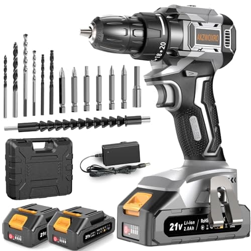 AKZWOXRO Taladro Percutor a Bateria 21V, Sin Escobillas Taladro Atornillador Bateria con 2x2.0Ah Baterías, Atornillador Electrico 45N.m, 20+1 Ajuste de Par, 14 Accesorios, 2 Velocidad, Gris