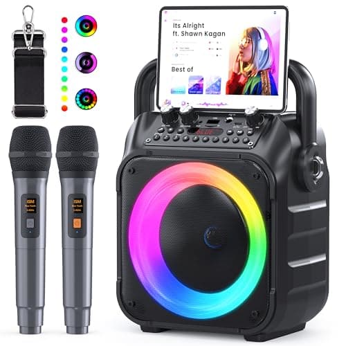 Karaoke 2 Microfonos Inalambricos Ankuka [Versión Actualizada] Altavoz con Microfono de 12W con Subwoofer de 6,5", Autonomía de 8H, Soporta TV/Smartphone/TWS/AUX/USB, Regalo para Niños y Adultos