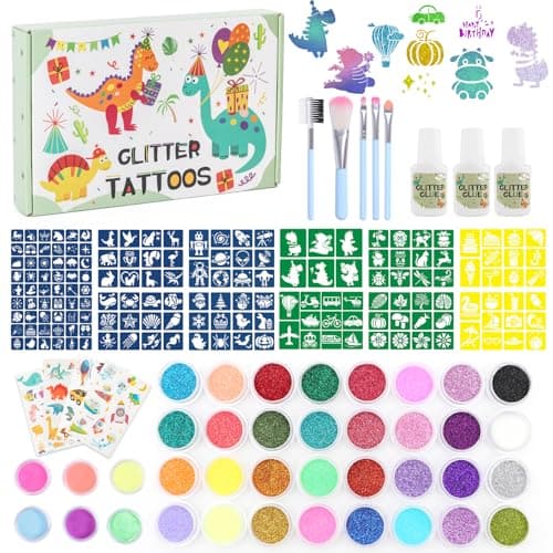 Highttoy Tatuajes Purpurina Niños, 38 Colores Kit Tatuajes Purpurina Temporales Dinosaurio Luminosos con 164 Plantillas, 5 Pinceles, 4 Hojas Pegatinas Tatuaje, 3 Pegamentos, Regalo Niño Infantil