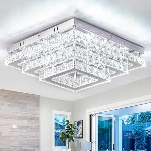 Fintonglan Plafón LED de Cristal Cuadrado 38 cm, 3 Niveles Semiempotrado 61W 6500K Blanco Frío, Lámpara de Techo Moderna para Salón, Dormitorio y Comedor