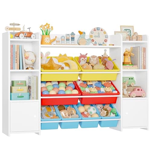 FOREHILL Mueble Almacenaje Juguetes 8 Cajas Extraíbles Librería Infantil Montessori, Estantería Infantil para Jugetes y Libros, Organizador Juguetes Infantil 138.8 x 94.3 x 29.6 cm Blanco y Rojo