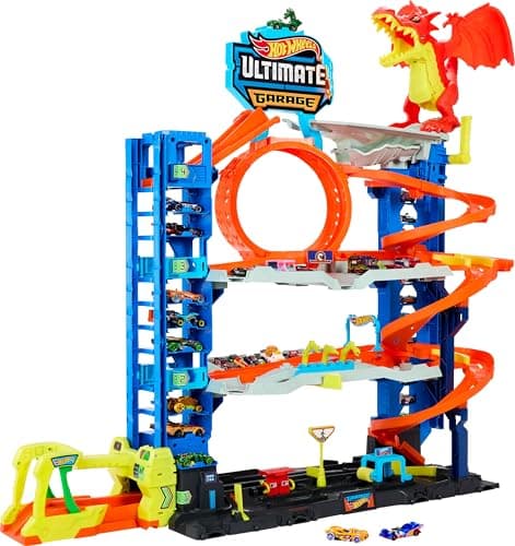 Hot Wheels City “Let's Race - ¡a Correr!” Netflix - Garaje definitivo Pista para Coches de Juguete con dragón y 4 Niveles, Incluye 2 vehículos, +4 años (Mattel HKX48)