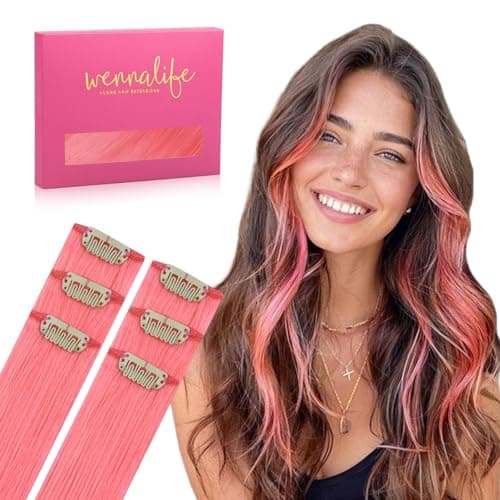 WENNALIFE Extensiones de clip de pelo natural, 35 cm, 6 unidades, 30 g, color rosa brillante