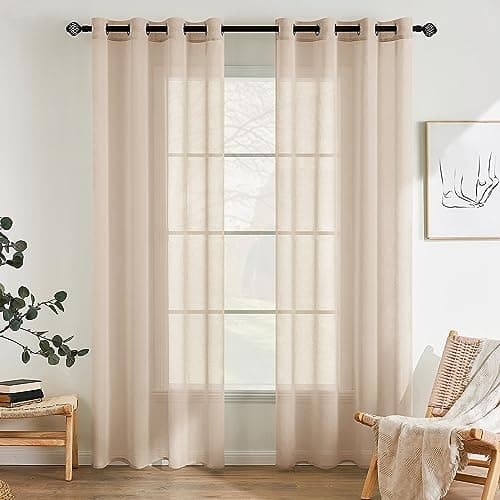 EMEMA Cortinas Poliéster Translucida de Dormitorio Moderno Ojales Cortina Ventana Visillos Salon para Sala Cuarto Dormitorio Comedor Cocina Salón de 2 Unidades 140 x 122cm Caqui Claro