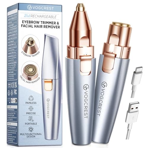 VG VOGCREST Recortador facial de cejas: 2 en 1, recargable, depilación facial y afeitadora de cejas, afeitadora facial sin dolor para cara, labios y cuerpo, con luz LED integrada (Azul)