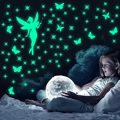 Luminoso Pegatinas de Pared Hadas Mariposas Luna Estrellas para Niños Infantil Fluorescente Adhesivos Decoración Dormitorio Verde