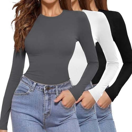 Aottori Pack de 3 Camiseta Cuello Redondo Mujer Manga Larga Basica Ropa Interior Elegante Elástica Ajustada Ligera Termica Tops Negro+Blanco+Gris S