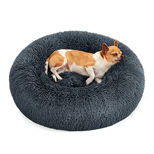 Feandrea Cama de Perros, Cama para Perros, Cojín Central Extraíble y Lavable, Alfombra de Felpa Suave y Mullida, 60 cm de Diámetro, Gris Oscuro PGW038G02