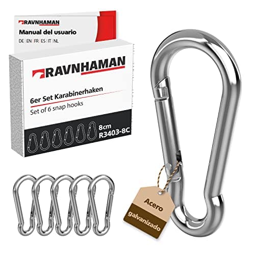 RAVN HAMAN Juego de 6 Mosquetones 8 x 80 mm - Mosquetones con Cierre a presión - Carga de hasta 230 kg - Gancho de Resorte para Llavero, Hamaca, Saco de Boxeo, etc. - Acero galvanizado