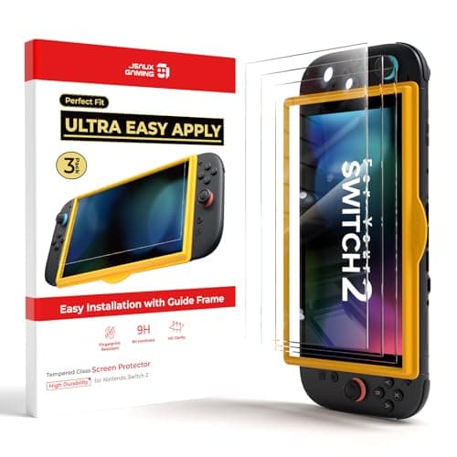 JSAUX 3-Pack Protector Pantalla para Nintendo Switch 2 2025, Ultra HD, Dureza 9H, Resistente a Arañazos, Cobertura Completa de Pantalla, Instalación Fácil con Marco de Montaje, Accesorios Protección