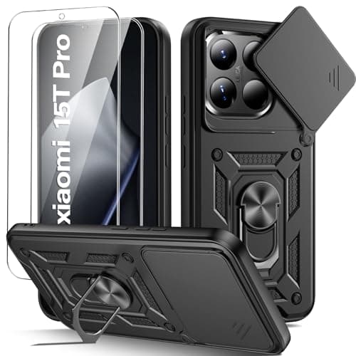Guisessy Funda para Xiaomi 15T Pro 5G Armor Carcasa Cubierta de cámara Deslizante Proteger con 2 Pack Cristal Templado Protector, con 360 Anillo Soporte PC y Silicona TPU Case, Negro