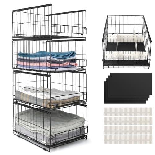 Wuciray 3/4 pcs Organizador Armario Ropa Organizador de Armarios Apilable Metal Cajonera Armario Interior Cajas Almacenaje Apilables Armarios con Divisores Wardrobe Organizer (cuatro capas)