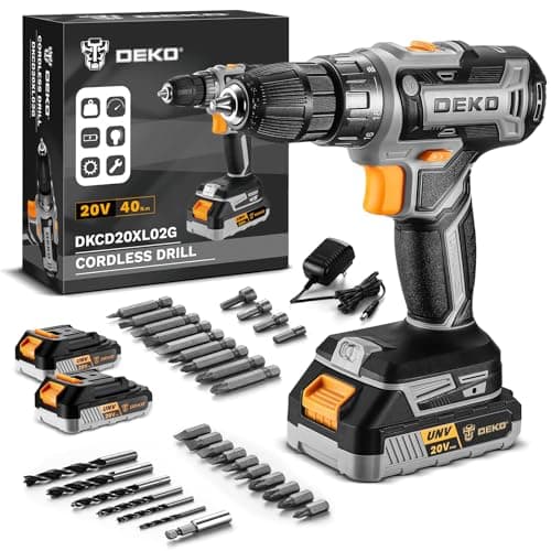Taladro Atornillador Inalámbrico 20V, DEKOPRO Taladro Atornillador Bateria con 2 Baterías de 2,0 Ah y Cargador, 40 Nm, 2 Velocidad y LED, Adecuado para Bricolaje en Casa y Jardín,Gris