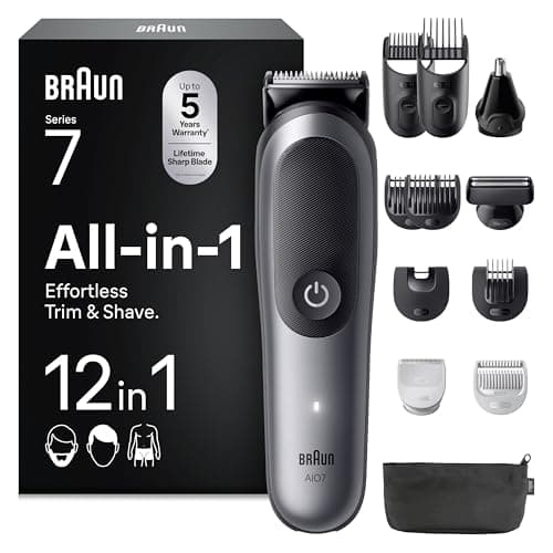 Braun Recortadora Todo En Uno Series 7 AIO7545, Kit De Styling 12en1 Para Barba, Pelo, Orejas, Nariz y Cuerpo, 14 Longitudes, 120 Min De Autonomía, Gris, El embalaje puede variar