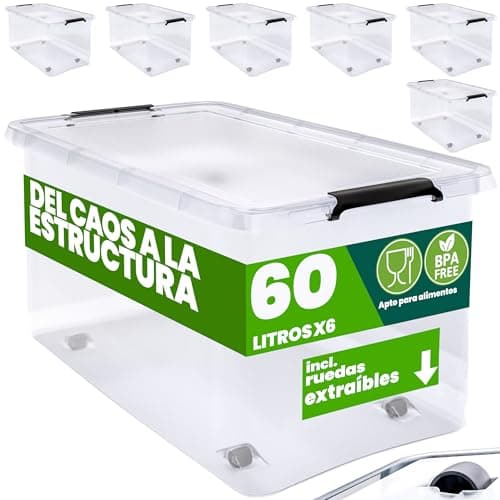 Deuba® 6X Cajas de Almacenamiento 60L Tapa Clips de Cierre Transparentes Almacenaje Juguetes Ruedas Apilable