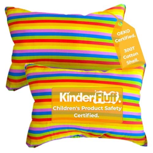 kinder Fluff Children Pillow (2Pk) 25x38cm – First Pillow for Kids Age 2+, Bright Rainbow Design, 100% Cotton Sateen Stripe 300T, Down Alternative Fill, Machine Washable, Colourful Kids Cushion XS