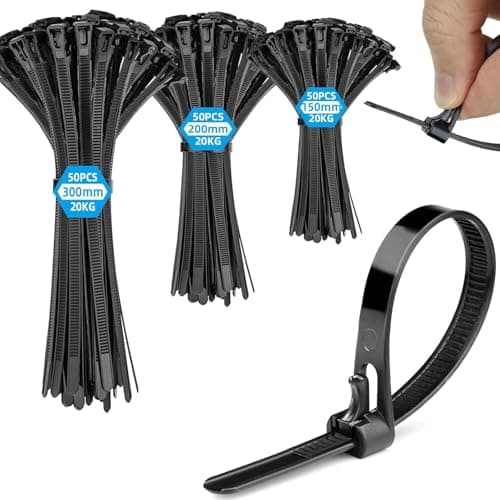 Bridas Plastico Reutilizables Negras, 150/200/250/300mm 150 Piezas, Zip Ties Resistencia a la Tracción de 20kg, Cable Ties Resistentes a los RayosUV para Interiores y Exteriores