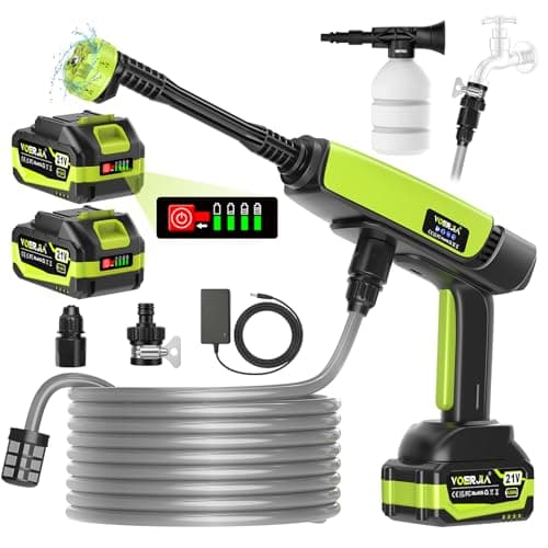 VOERJIA Hidrolimpiadora de Alta Presión a Batería 1000 PSI, Pistola de Agua Inalámbrica con 2 Baterías 4.0Ah (LED), Boquilla 6 en 1 para Lavado de Coche, Fachadas y Riego de Jardín