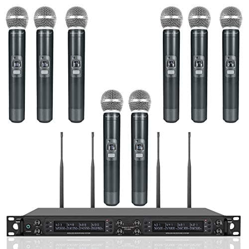 Phenyx Pro Sistema de Micrófono Inalámbrico de 8 Canales, con 8 Micrófonos Dinámicos de Mano, Escaneo Automático, 8x40 Frecuencias UHF, Alcance de 328 pies, para Canto, Iglesia, Karaoke (PTU-6000-8H)