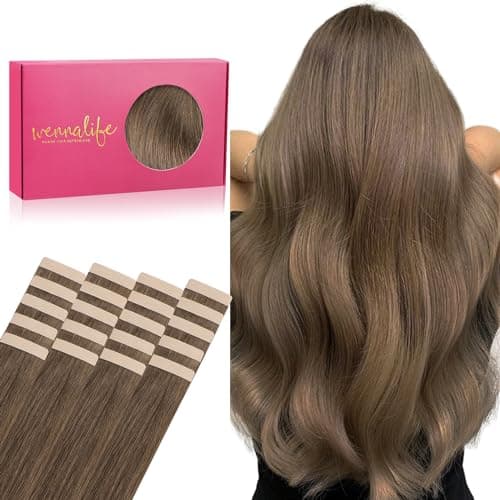 WENNALIFE Extensiones de cabello humano con cinta, 20 unidades, 50 g, 18 pulgadas, color marrón ceniza claro, extensiones de cabello humano Remy lacio, extensiones de cabello humano con cinta de trama