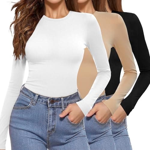 Aottori Pack de 3 Camiseta Cuello Redondo Mujer Manga Larga Basica Ropa Interior Elegante Elástica Ajustada Ligera Termica Tops Negro+Blanco+Caqui XS