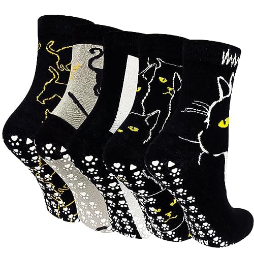 ZFSOCK Calcetines Antideslizantes Mujer Divertidos: Calcetine de Algodon con Agarre Estampado de Gatos Animal Coloridos Originales para Fitness Hospital 5 Pares Talla EU 35-42 Gato negro