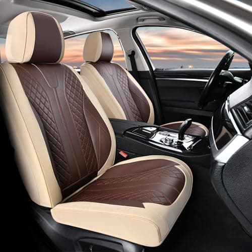 FLORICH Fundas Universales para Asientos de Coche para los Asientos Delanteros, Fundas Transpirables de Cuero Impermeable, Aptas para la Mayoría de Turismos, SUV (Asientos Delanteros, Beige&Café)