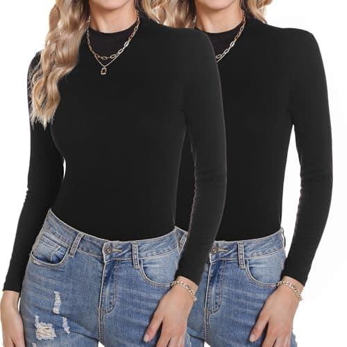 Aottori Camiseta Cuello Alto Mujer Pack de 2 Manga Larga Ropa Interior Térmica Sólida Ligera Básica Jersey para Primavera Otoño Invierno Negro+Negro XS