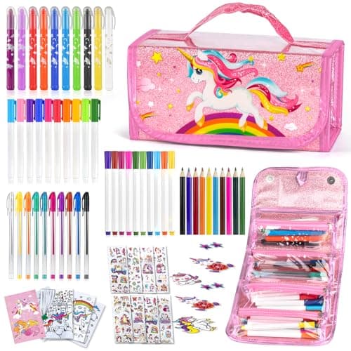 Auney Estuche Escolar Set Papeleria Regalo para Niña 4 5 6 7 8 9 10 Años,Kit di Juguetes Unicornios para Niñas Includere Estuches Escolares-Bolígrafos de Colores-Lápices-Cuadernos-Adhesivas