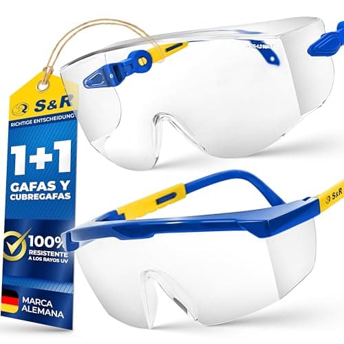 S&R Cubregafas Protectoras Gafas de Proteccion y Seguridad Trabajo (2 PARES) con proteccion lateral. Gafa Anti-UV y Antirrayas. Patillas Ajustables. Anteojos de Trabajo Laboratrio Oficina