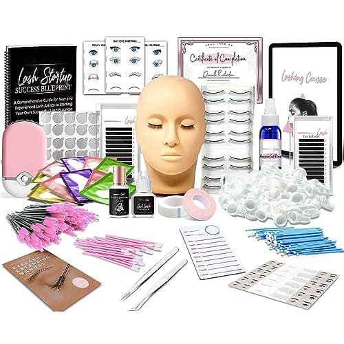 Kit Extensión de Pestañas Profesional Completo - Incluye Maniquí de Práctica Realista, Ventilador USB, Pinzas, Pegamento- Set Ideal para Principiantes y Técnicos de Pestañas
