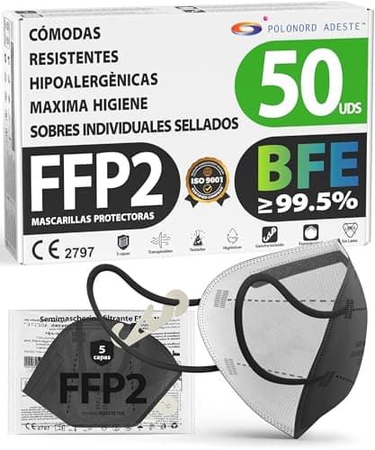 ADESTE – 50 Mascarillas FFP2 NR D Negras con Certificado CE, cadena controlada, elásticos cómodos, hipoalergénicos y regulables. Seguras: potencia de filtrado BFE >99,5%. Sobres individuales sellados