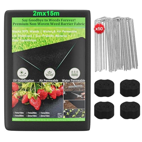 OUNUO Malla Antihierbas para jardín, 100 g/m² Geotextil, Rollo de 2 m x 15 m con 50 Anclajes de Tierra para jardín, lámina Permeable al Agua, Resistencia al desgarro, Anti-UV, Negro