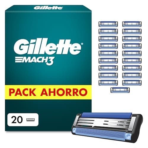 Gillette Mach3 Base Recambios para Maquinillas de Afeitar para Hombre, Pack de 20 Cuchillas de Afeitar con 3 Hojas Y Banda Lubricante, Compatible con Todos Los Mangos Mach3
