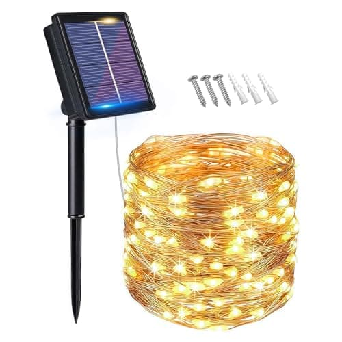 flintronic Luces Exterior Solar, 1PCS-10M-100LED-8 Modos Cadena de Luces Decoracion para Navidad, Bodas, Fiestas, Jardines, Terraza-Blanco Cálido