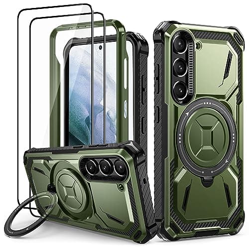 Lanhiem Armor Funda para Samsung Galaxy S21, con Soporte Giratorio de 360 Grados y 2X Cristal Templado, Antigolpes con Protección Militar, Resistente Antichoque Carcasa para Samsung S21- Verde