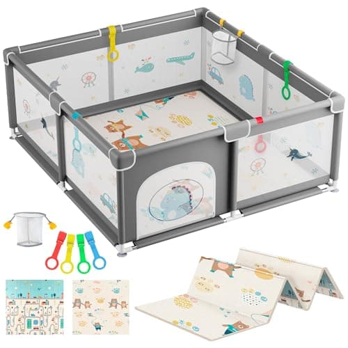 JUPPLIES Parque Infantil Bebe 120x120cm + Alfombra Bebe + Agarraderas + Canasta – Corralito Bebe con Malla Transpirable – Parque de Juegos Bebe Plegable con Puerta Lateral – Playpen Bebe - Gris