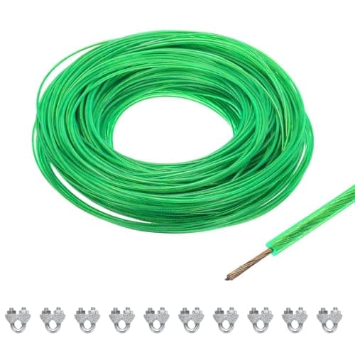 QUARKZMAN Cable de Acero Galvanizado Recubierto de Vinilo Verde de 2.5 mm (3/32") 100M / 328 Pies de Cable de Acero Galvanizado con 10Pcs de Manguitos de Bucle M3 para Colgar Luces