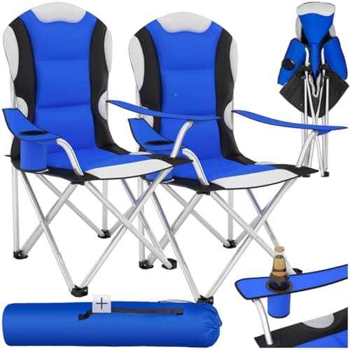 tectake® Silla de Camping Plegable, Confort Acolchado, Soporte para Bebidas, Bolsa de Transporte, Silla Playa, Sillas Plegables, Sillas Exterior Terraza, Silla Relax - 2X Azul