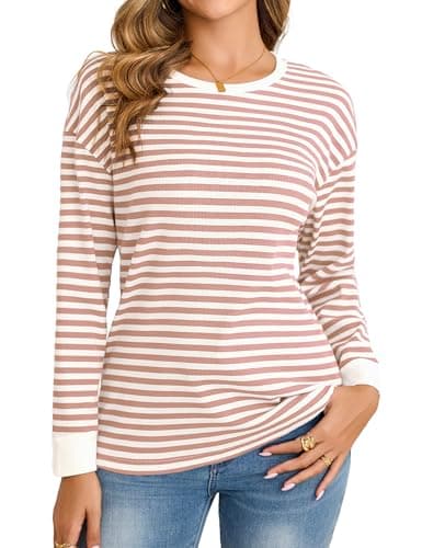 Totatuit Sudadera Mujer Rayas Cuello Redondo Tejido de Punto Suave y Cómoda Manga Larga Casual Elegante para Otoño e Invierno Rosa Claro，M