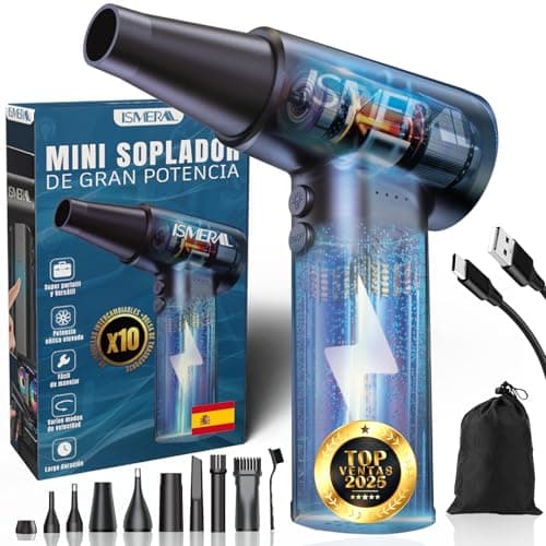SÚPER Soplador De Aire Potente, 150000RPM BRUSHLESS ISMERAL® + 9 Boquillas + Cepillo + Bolsa de Transporte | Soplador Bateria 6000mAh | Aire Comprimido Limpieza pc | Soplador De Aire para pc |