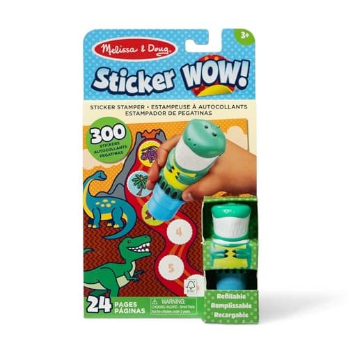 MELISSA & DOUG - STICKER WOW! Estampador de Pegatinas Infantiles Forma de Dinosaurio: 24 Páginas Actividades y 300 Stickers Infantiles - Manualidades Niños - Regalo Niño 3 Años + - Certificados FSC