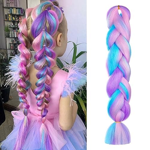 Aomig Extensiones para Trenzas, 24" Pelo Sintético Trenzas Africanas, 4 Colores Morado/Rosa/Verde/Azul Postizas Pelo Trenzado Sintético