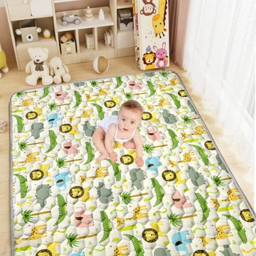 Aolso Alfombra Bebe, 150x 200cm Alfombra Bebe Plegable, Antideslizante Algodón Alfombras de Gateo, Colchoneta para Niños para Juegos en el Suelo, Suave & Grues-Leones y Elefantes