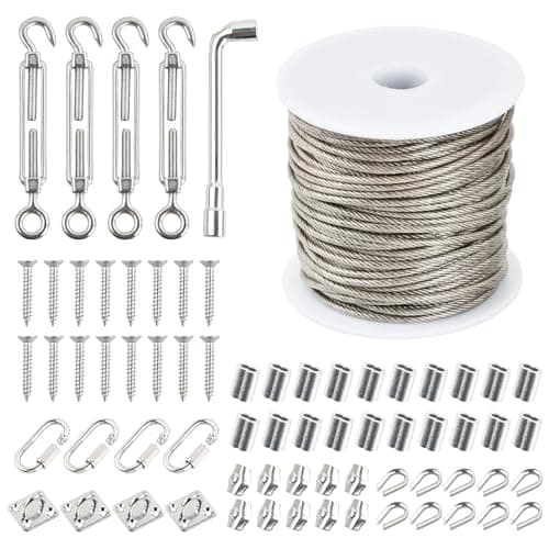 30m Cable Acero 2mm, 70 Pcs Kit, 7x7, Plastificado, con 4 Tensores de Alambre, Presillas, Abrazaderas, Guardacabos, Ganchos, Mosquetones, Cuerda para Tender Ropa Exterior Plantas Jardinería DIY