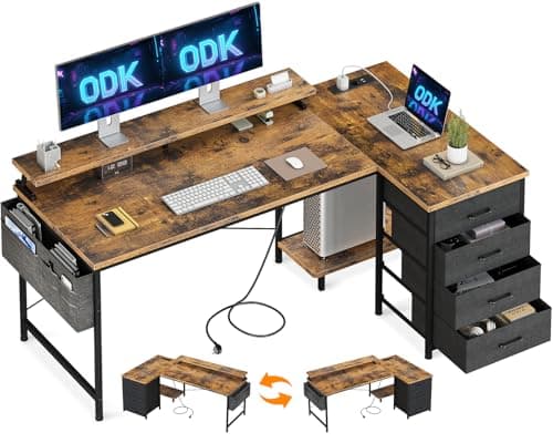ODK Escritorio Esquinero con 4 Cajones de Tela, 160x80cm Escritorio en L Reversible con 2 Puertos de Carga USB y 2 Enchufes, Mesa en L con Estante para Monitor para Oficina en Casa, Marrón