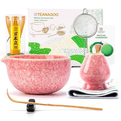 TEANAGOO Juego de batidor de matcha, juego de 7 piezas de matcha rosa, kit de ceremonia de té matcha para hacer café con leche, cuenco de cerámica (chawan) con boquilla y batidor, regalo para los